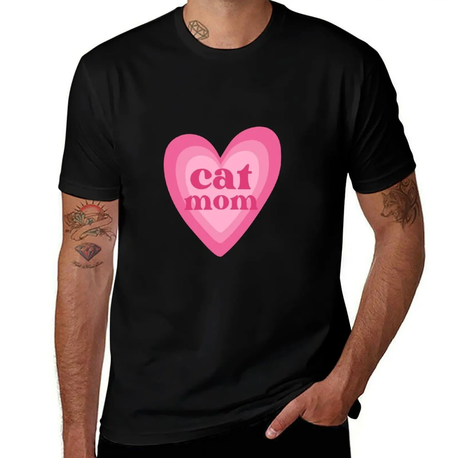 

Cat mom with pink heart T-Shirt basketball graphic tees aesthetic clothes valentines boutique clothes T-shirts for men cotton