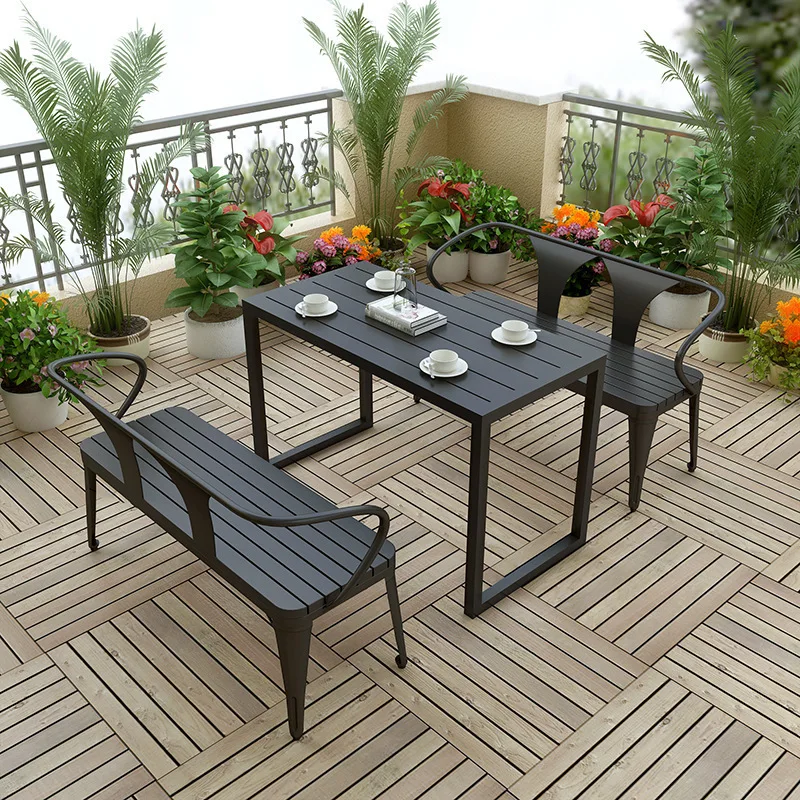 Modern Simple Outdoor Tables And Chairs, Open-air Courtyard Plastic Wood Long Tables And Chairs, Coffee Shop Many People Negotia