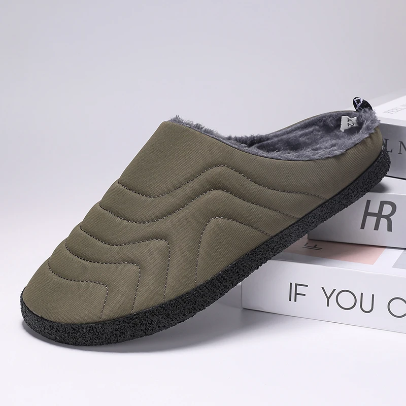 

New Men's Warm Cotton Slippers Winter Home Plush Shoes Waterproof Couple Thick Sole Warm Fur Slides Outdoor Barefoot Casual Shoes