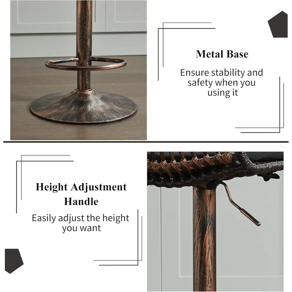 Rattan Bar Stool Set Of 2, Linen Upholstered Barstool With Backrest, Swivel Bar Chair With Footrest, Dining Bar Stool With Round