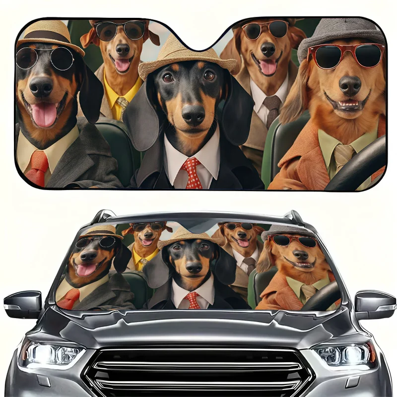 1pc Car Sun Visor With Dog-Themed Suit Design. This Protective Sun Visor Keeps Your Car Cool. It Features Easy Suction Cup Insta