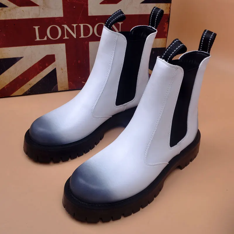 

men fashion high genuine leather boots black white shoes party nightclub dress cowboy long boot cool platform chelsea botas mans