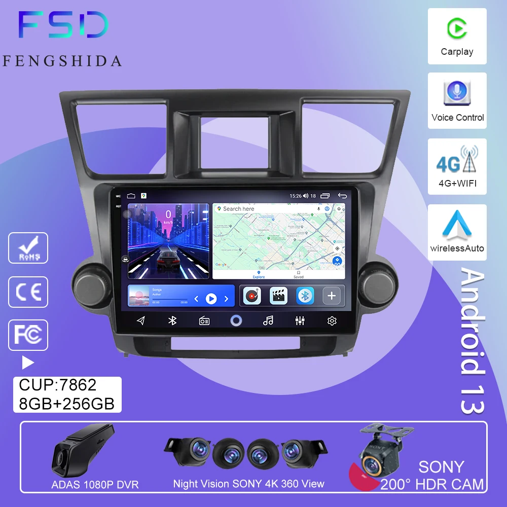 

Android13 For TOYOTA Highlander 2009 2010 2011 2012 2013 2014 Multimedia Stereo Car Player Navigation GPS BT 4G WIFI NO 2DIN DVD