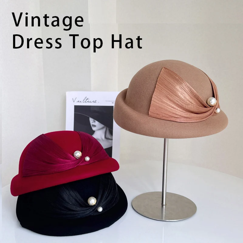 

Элегантная шерстяная шляпа-клош во французском стиле, шляпа-федора с жемчужным декором, кепка-ведро в стиле Хепберн для женщин, классическое винтажное платье, цилиндр