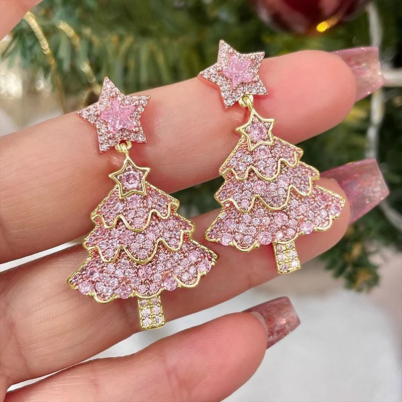 2pcs Ladies Halloween stars Full Diamonds Ripple Sweet Fashion Alloy Earrings Pink Christmas Tree Christmas Christmas Eve