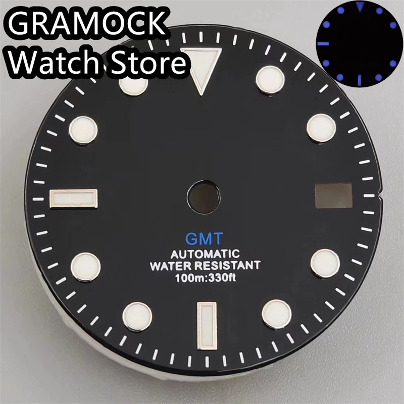 GRAMOCK 29mm Glossy Watch Dial Blue/Green Luminous With Green Red Blue Orange GMT Text Fit NH34 Movement