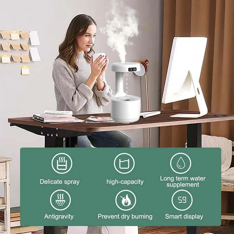 Humidificador ultrasónico de 800Ml para dormitorio, humidificador de niebla fría con forma de gota de agua antigravedad, pantalla de reloj Led,