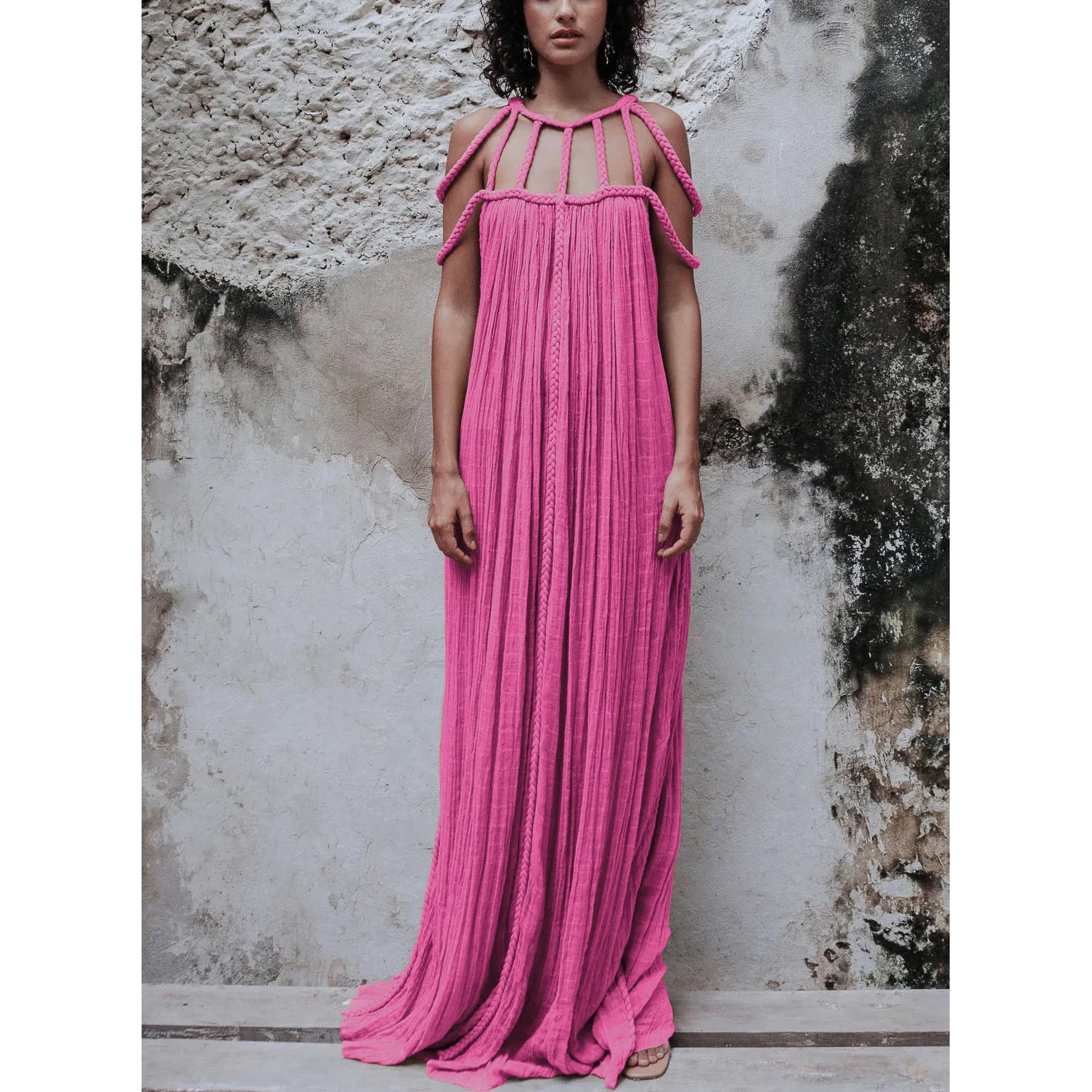 

Robe Femme Hollow Out Lace Up Backless Vacation Long Dress Women Sexy Off Shoulder Sleeveless Backless Loose Casual Beach Dress