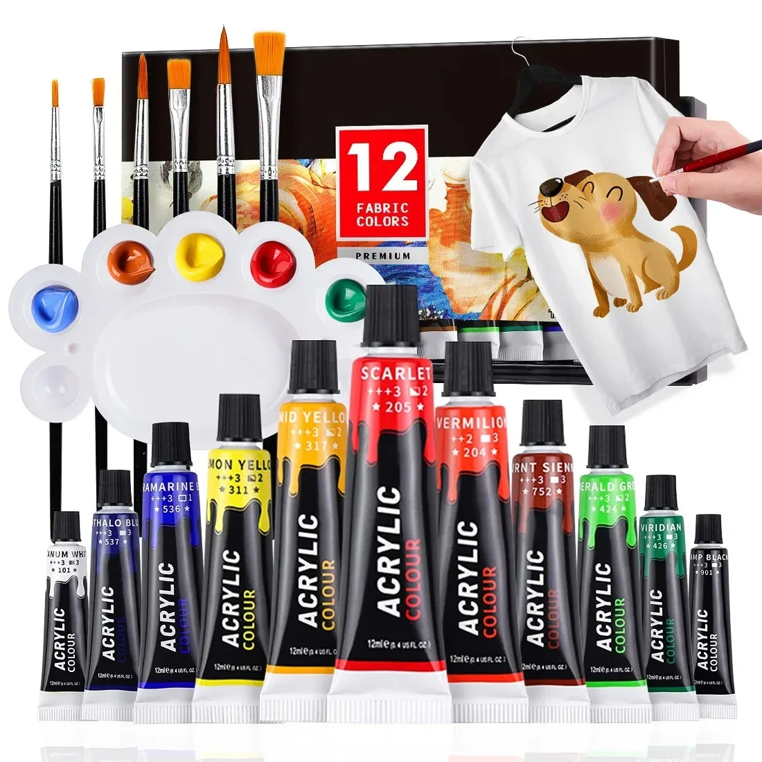 

12 24 Colors Permanent Fabric Paint Set for Clothes with 6 Brushes, 1 Palette, Textile Puffy Paint Kit for Shoes, Canvas