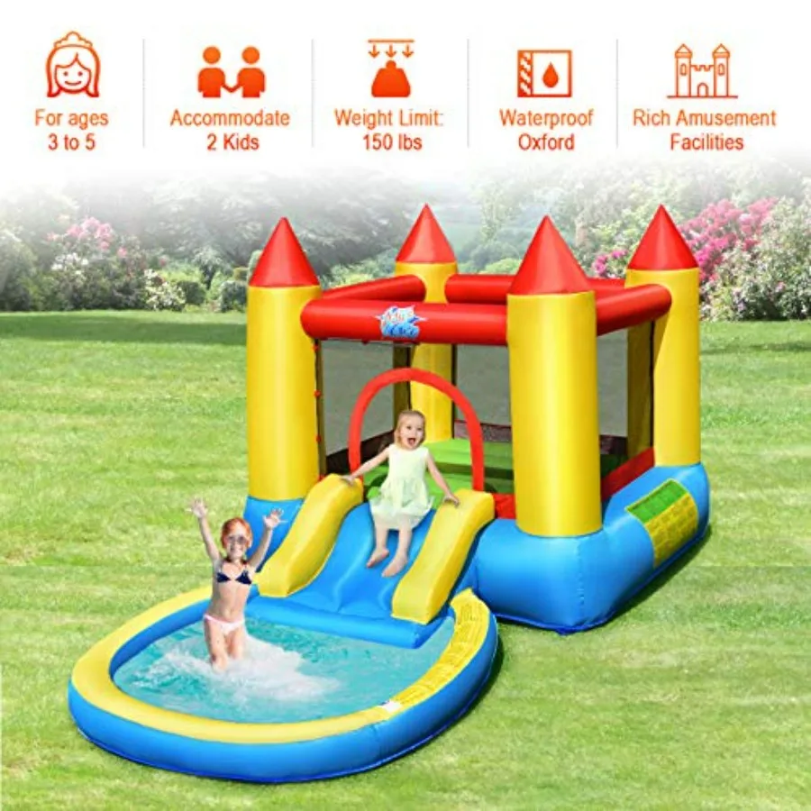 Outdoor backyard inflatable bounce house for kids aged 3-5: PVC material, blue and yellow, includes water slide, jumping area, view 5