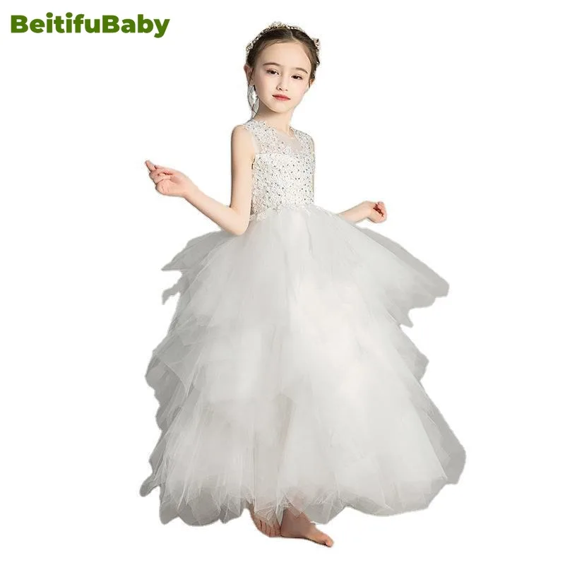 BeitifuBaby-Apliques de gaze vintage concurso vestidos para meninas, vestido de florista, festa de casamento, estilo princesa