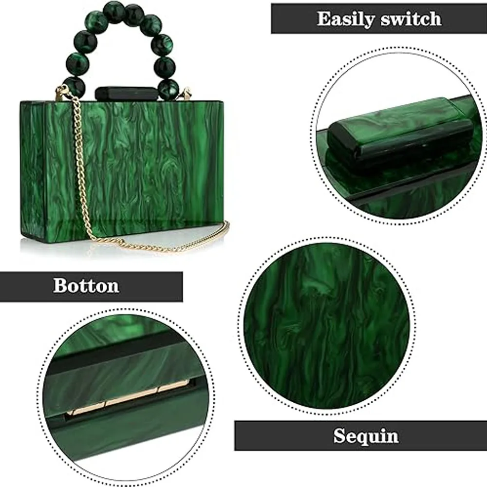 Borsa a tracolla di lusso Perla Marmo Verde scuro Borse da sera in PVC acrilico Borse da donna e borsette Festa di nozze con patta da spiaggia