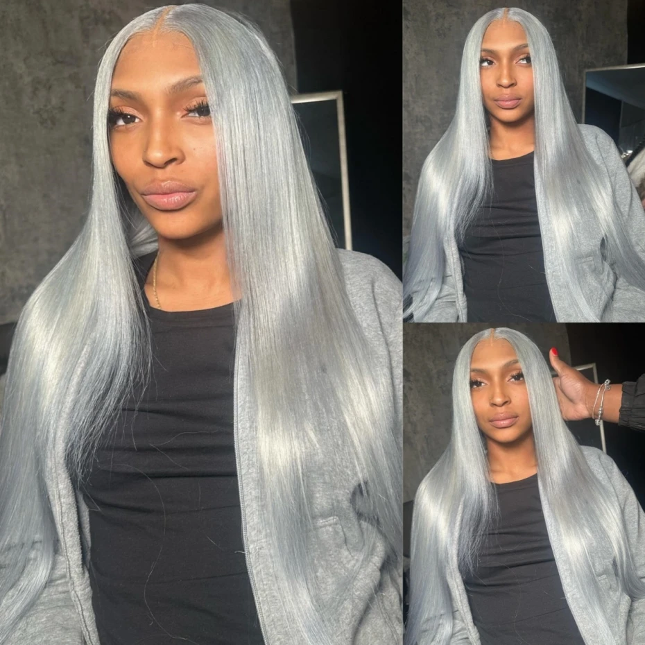 

Серебристо-серые парики из натуральных волос с прямым краем 13x6 HD, прозрачный фронтальный парик с кружевной вставкой, предварительно проработанный, для женщин, 38-40 дюймов