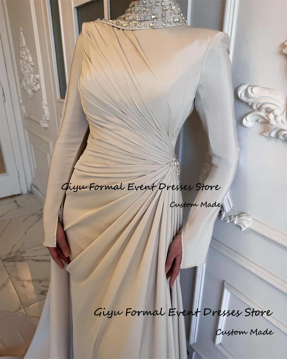 Giyu Elegant Prom Gown for Women Saudi Arabia Pleat Full Sleeve With Shawl Vestidos De Fiesta Elegantes Para Mujer Customized