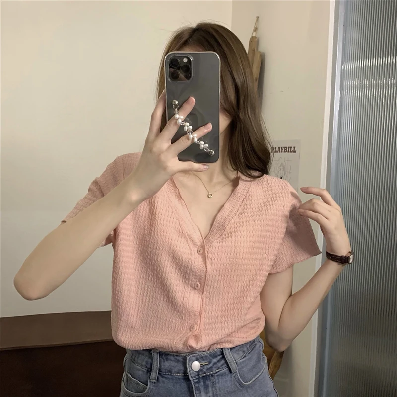 Chic V-Ne Pleated Slimming ort Sve irt Women's Summer 2023 New Ele Top Korean Sle Mixed Fabric Pure Color