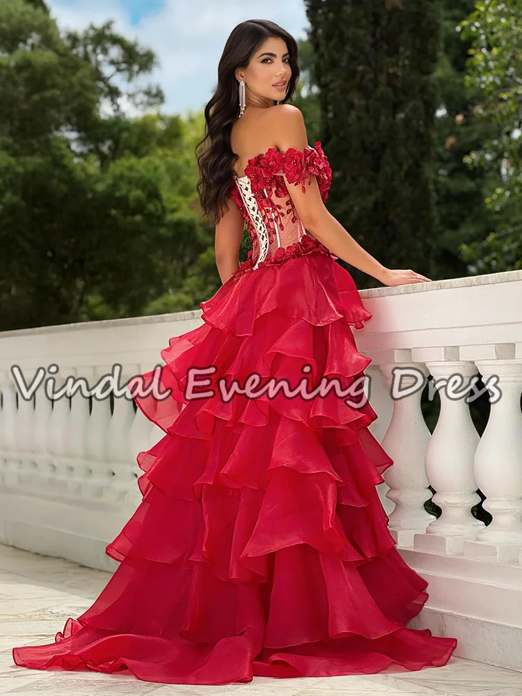 Vindal Stunning Red 3D Flower A-Line Prom Dress Off-Shouder Split Tiered Ruffle Elegant Evening Party Dress for Women Customized