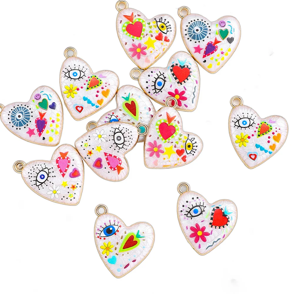 5 Stück 20 x 23 mm böhmischer Stil bunter Herz-Blumendruck-Anhänger für Modeschmuck, DIY-Halsketten-Zubehör – Detail 5