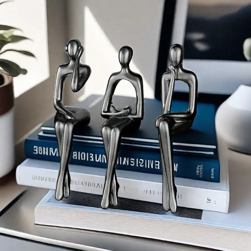 Three Piece Set of Statues of Creative Thinkers, Modern Resin Sculptures Decorating Bookshelves and Desks, Unique Home Decor