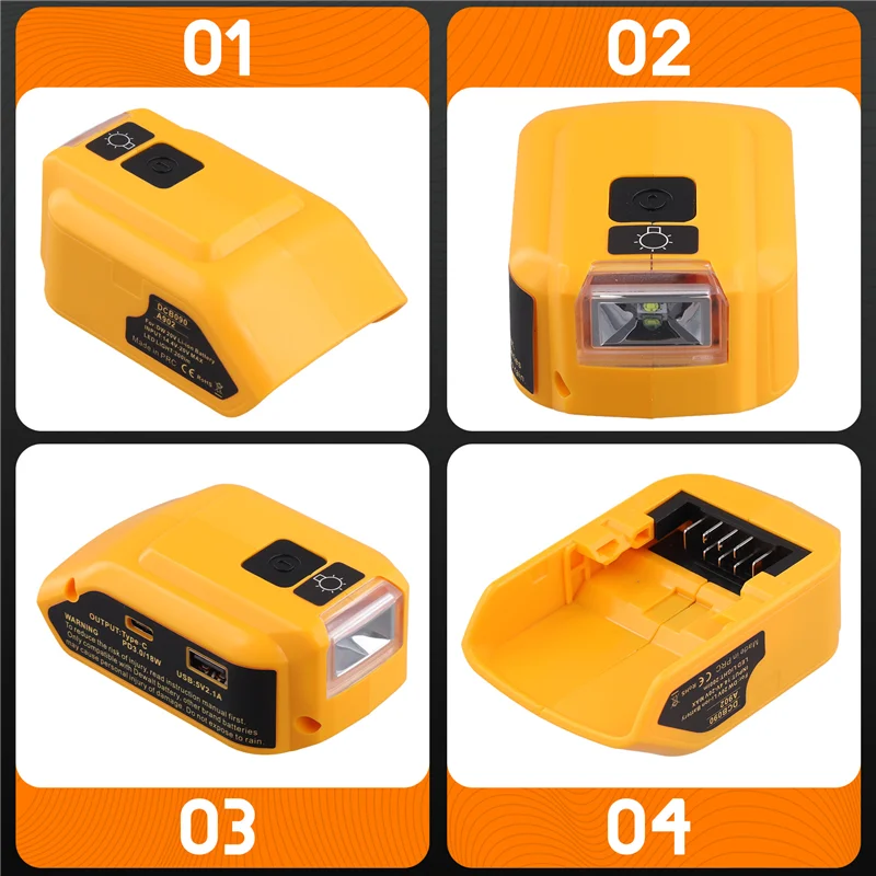 محول PORK-Source لمحول بطارية 18 فولت USB + Type C مع ضوء عمل LED مزدوج USB DC 12V