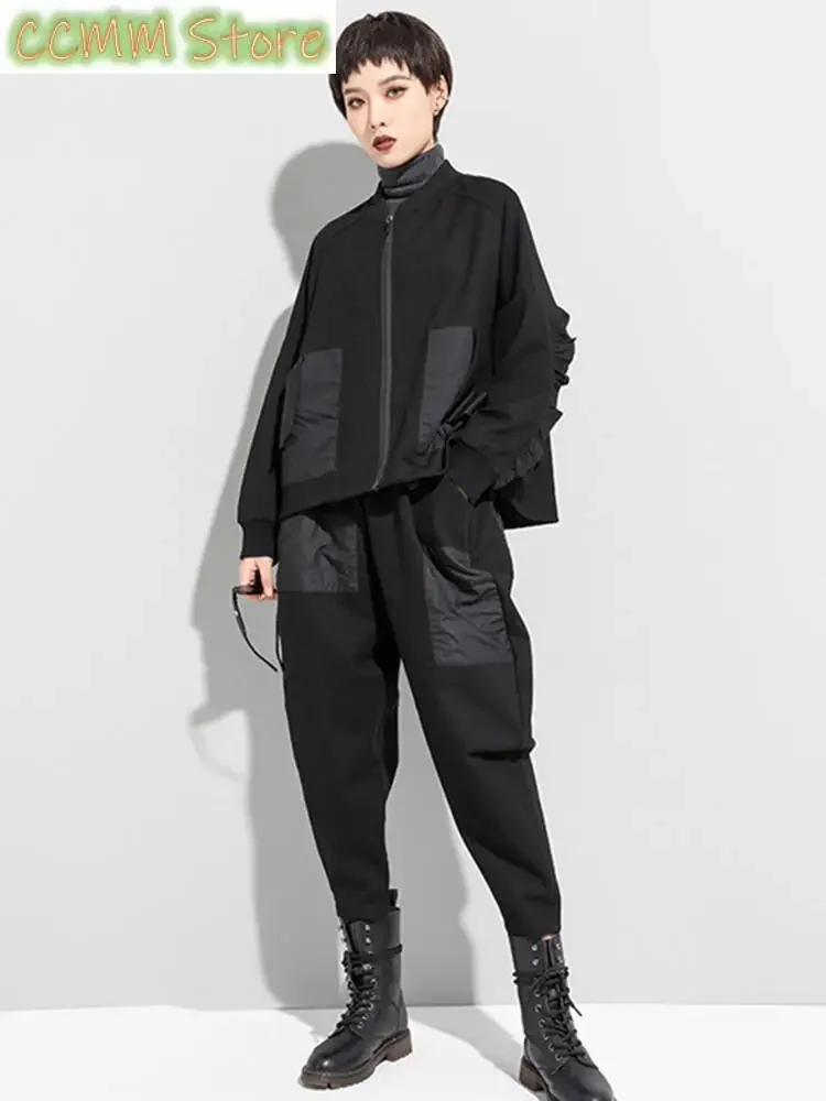 Loose Fit Black Pocket Ruffles Big Size Jacket New Stand Collar Long Sleeve Women Coat Fashion Autumn Winter