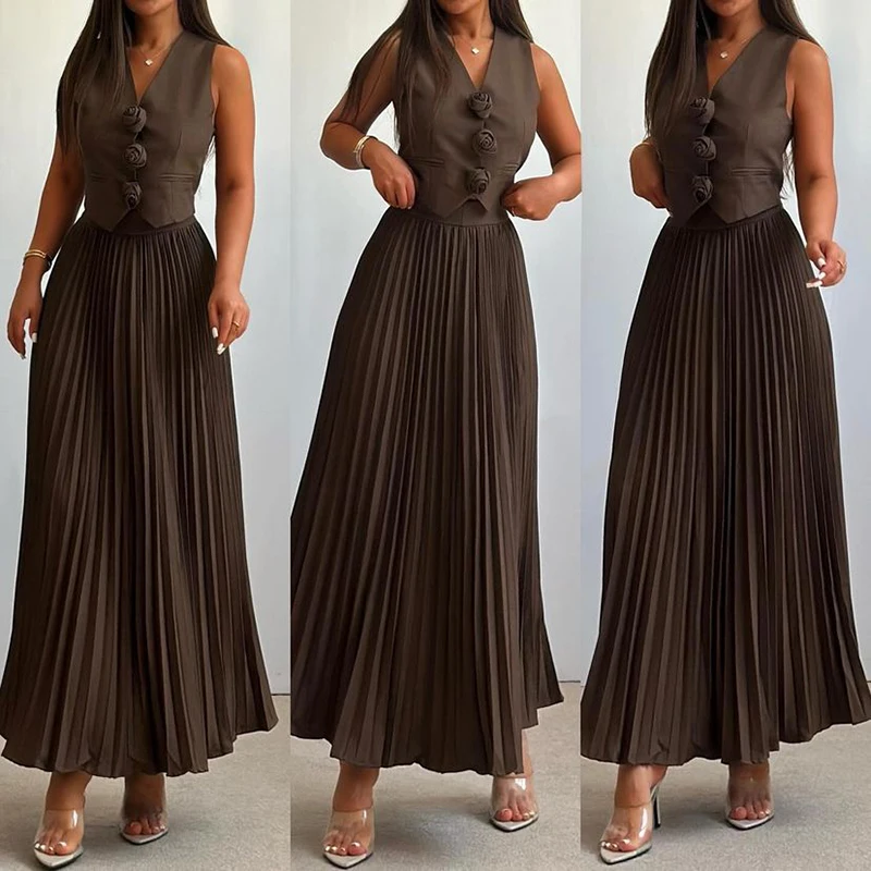 Sexy Sleeveless V Neck Vest Match Fold Skirt Suit Fashion Solid Color Commute 2 Piece Set Elegant Lady Formal Occasions Outfits