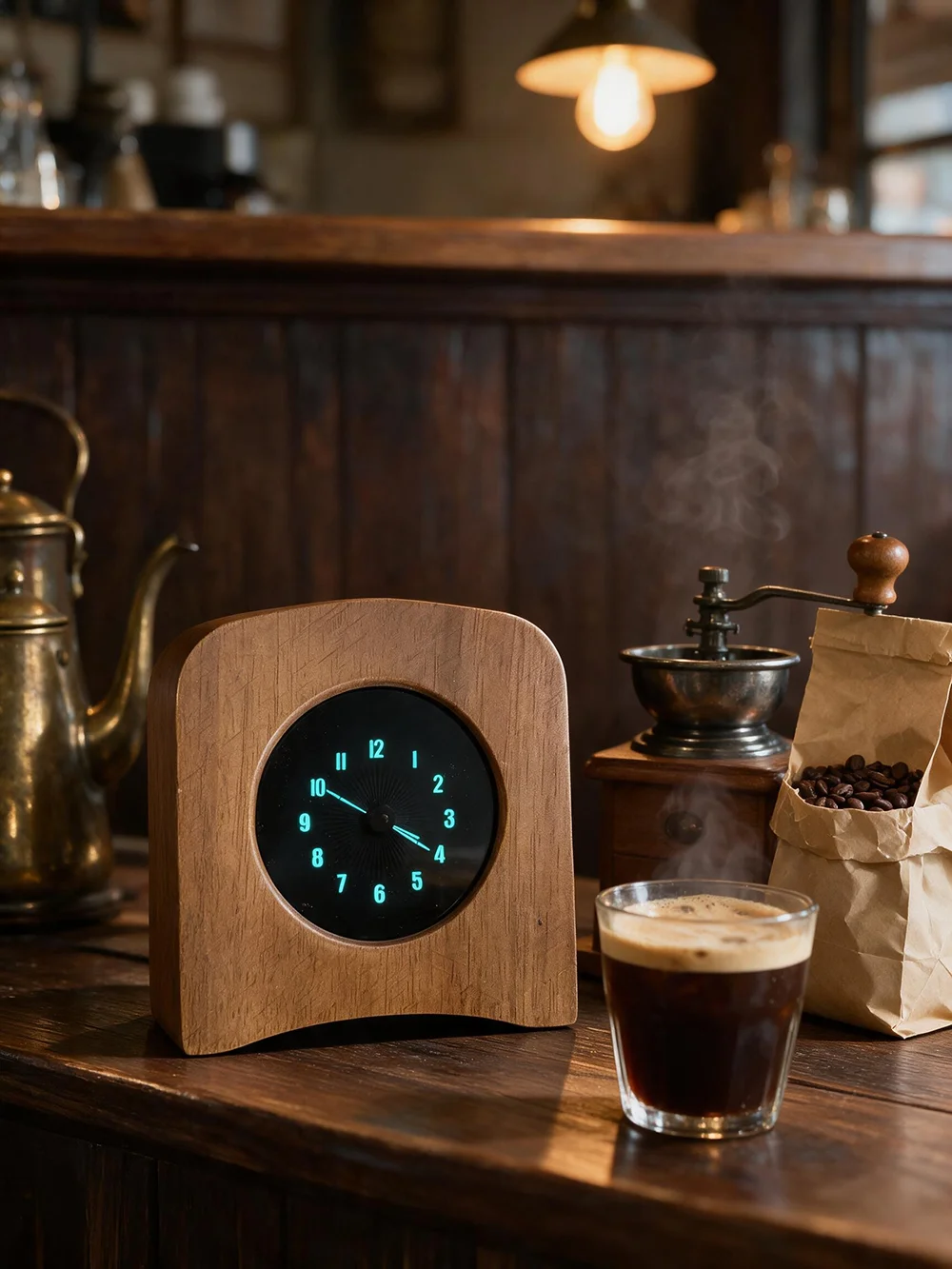Mini Kreativer Retro High-End Holzmaserung / Aluminiumlegierungsgehäuse Desktop WIFI-Uhr Zeiger-Typ 5V Vakuum-Fluoreszenz-Bildschirm – Detail 7