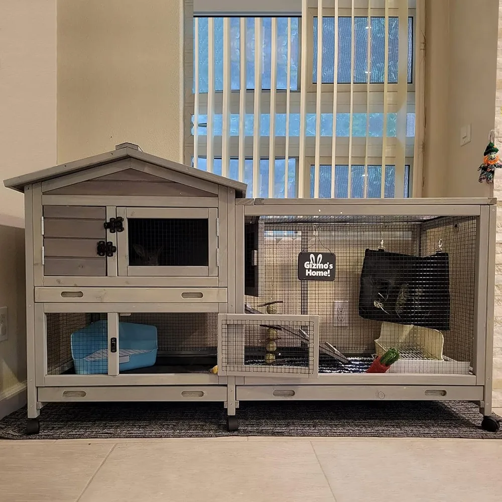 Bunny Cage Indoor and Outdoor Rabbit Hutch with Casters Waterproof Roof, Pull Out Tray From Back and Front. Cages