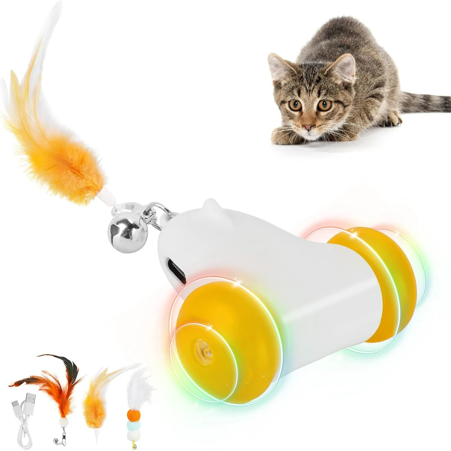 

Engaging Colorful LED Light Interactive Kitten Toy - Perfect Cat Toy with Automatic Movement, USB Rechargeable, Includes 3 Feath