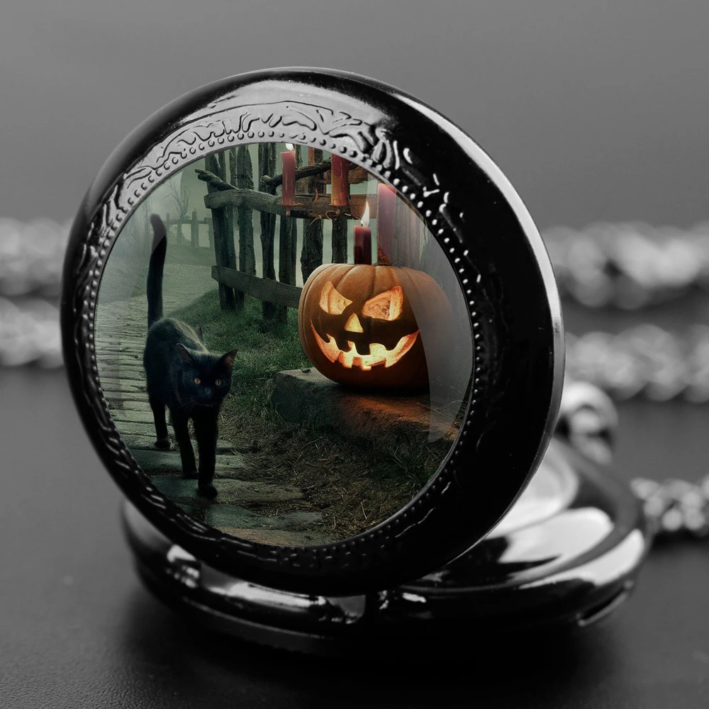 Halloween schwarze Katze Design Glaskuppel Quarz Taschenuhr mit haltbarer Kette arabische Ziffer Zifferblatt kreative Geschenke für Männer Frauen