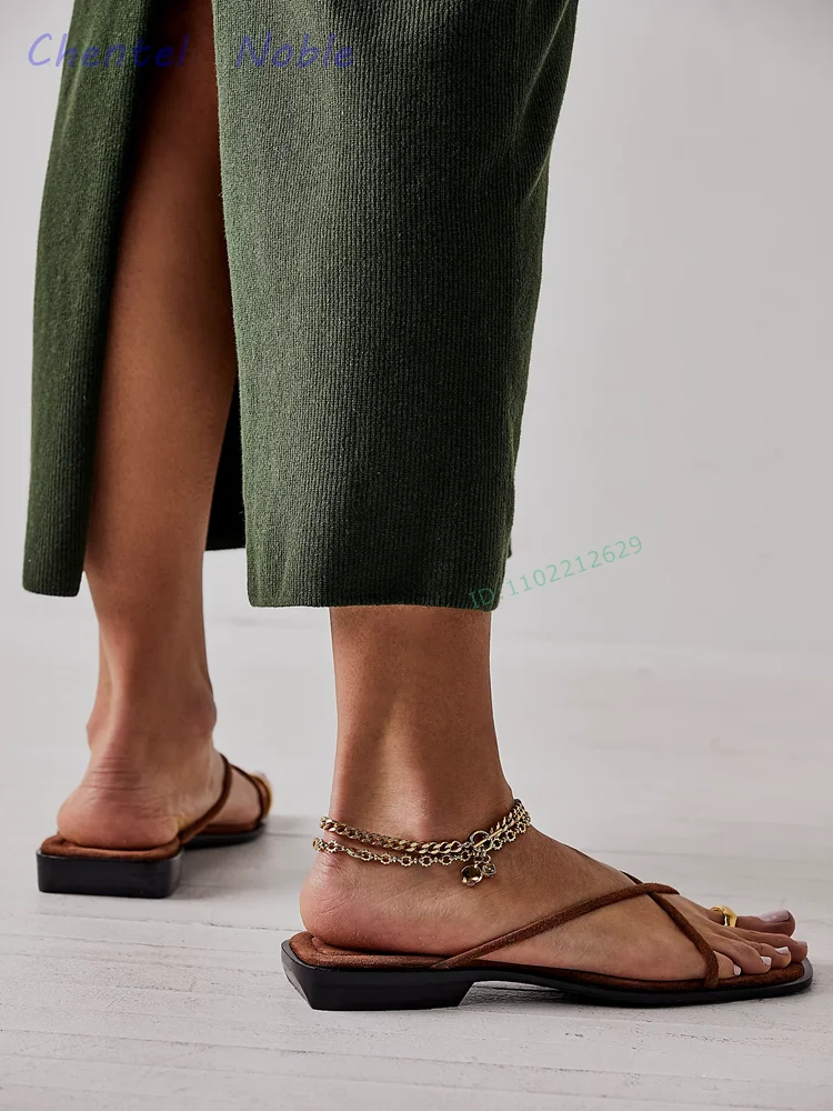 Suede Square Open Toe Cross Strap Slippers Gold Toe Loops Flats Slip-on Light Stacked Heel Backless Design Women Shoes 2024 New