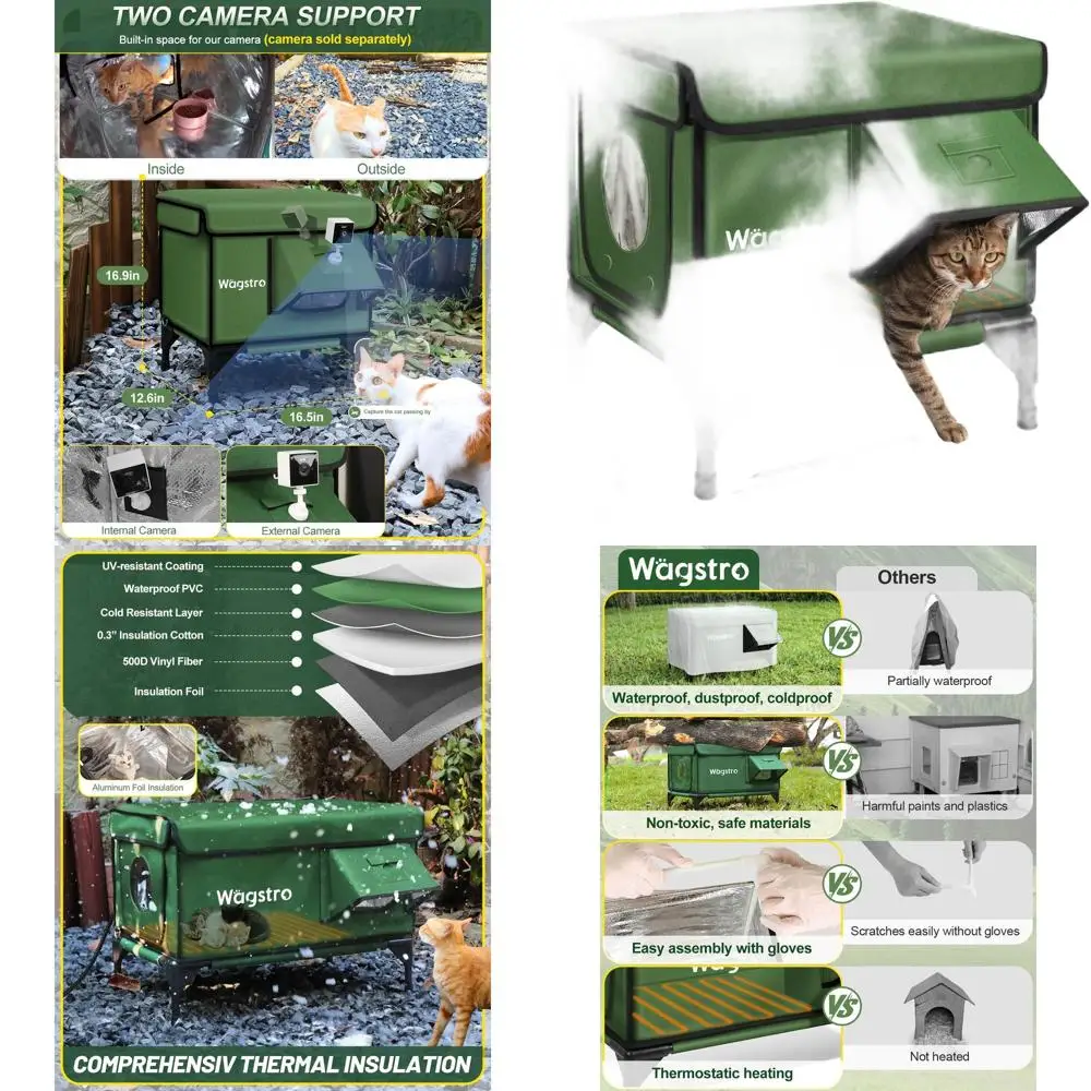 

Утепленный уличный домик для кошек с водонепроницаемыми карнизами и удобной дверцей, приподнятый укрытие для бездомных кошек (зеленый, 16.5x12.6x16.9)