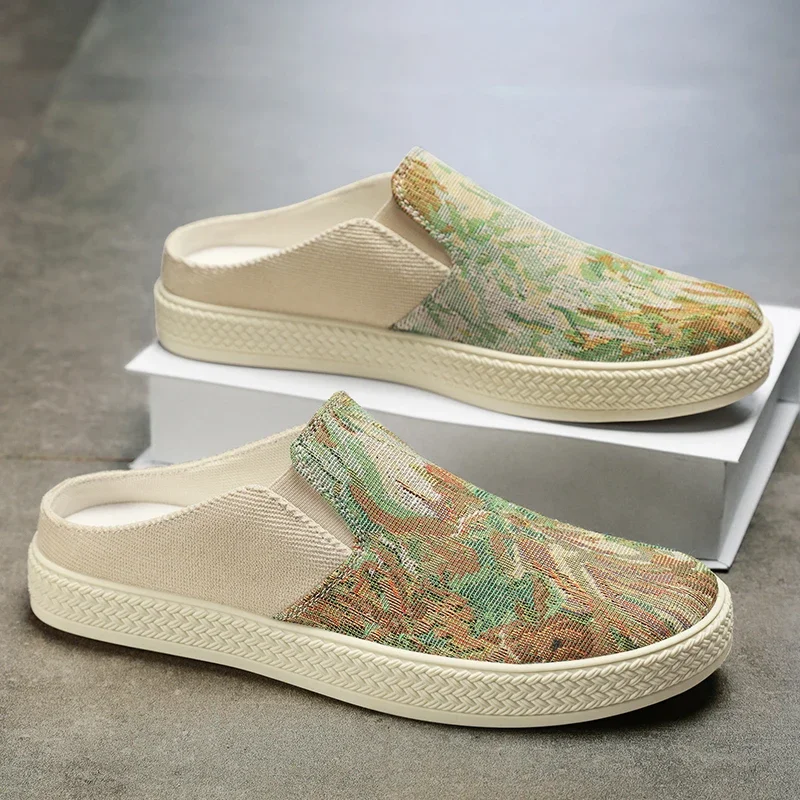 

Мужские парусиновые тапочки, летние уличные противоскользящие модные молодежные повседневные тапочки на мягкой подошве, сандалии для вождения, полутапочки Joker Tide