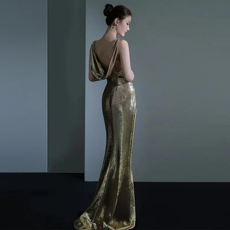 Cross-Border Fishtail Evening Dress for Women 2024 New Elegant Sequins Annual Meeting Host Backless Bridal Toast