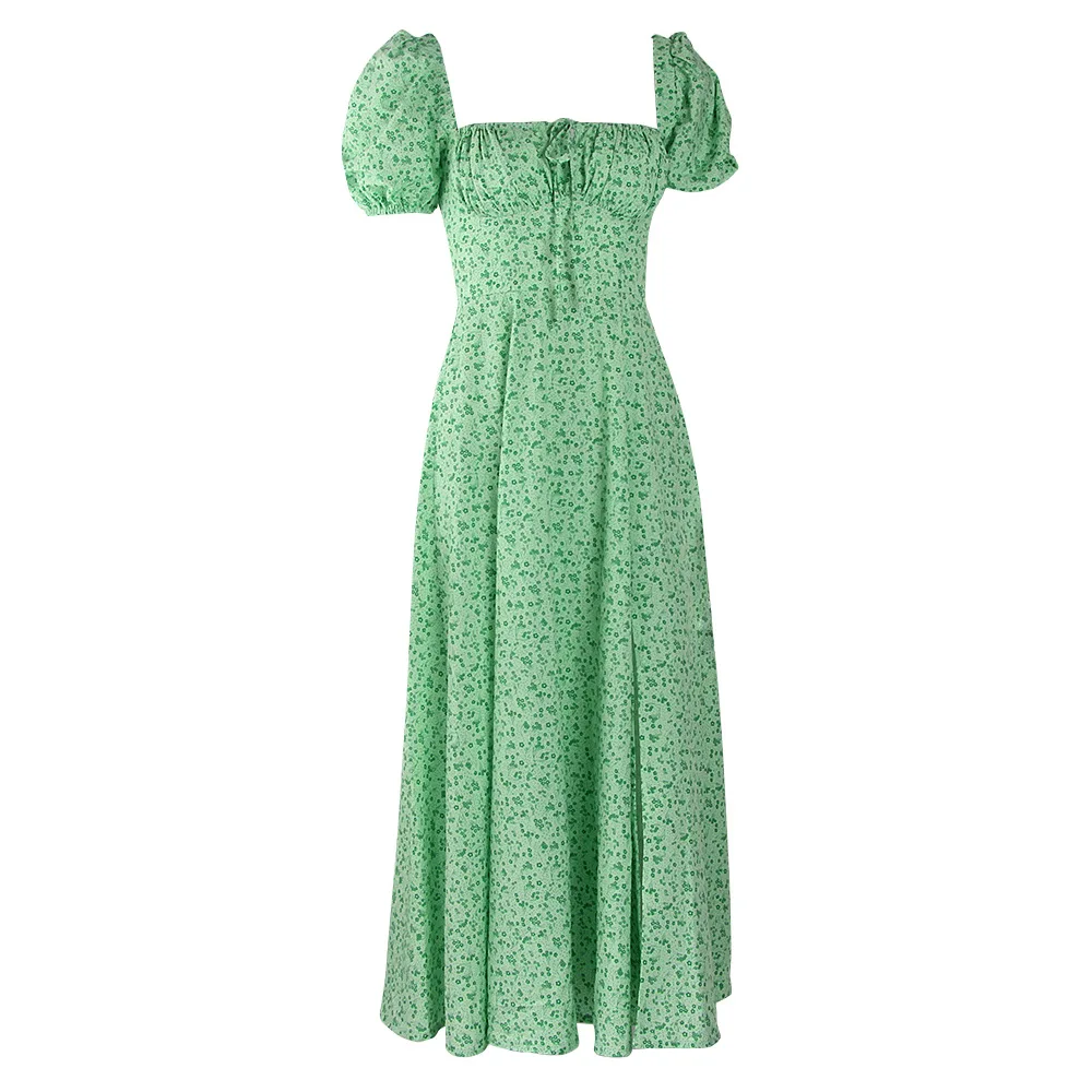 Dr Long imprimé Floral Sexy avec Bubble Sves et bandoulière à fente haute pour femmes, col carré tricoté en Fiber de Polyester