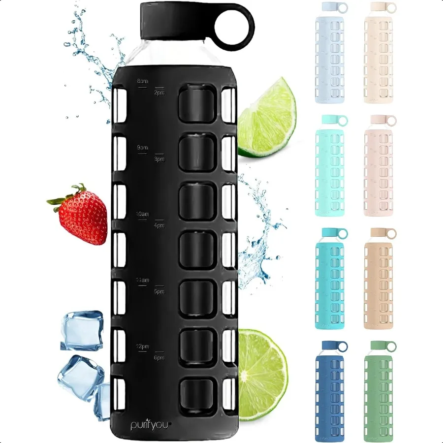 

40oz 32oz 22oz 12oz Borosilicate Glass Water Bottle with Time Volume Markers Silicone Sleeve Stainl Steel Lid Reusable Glass Bo