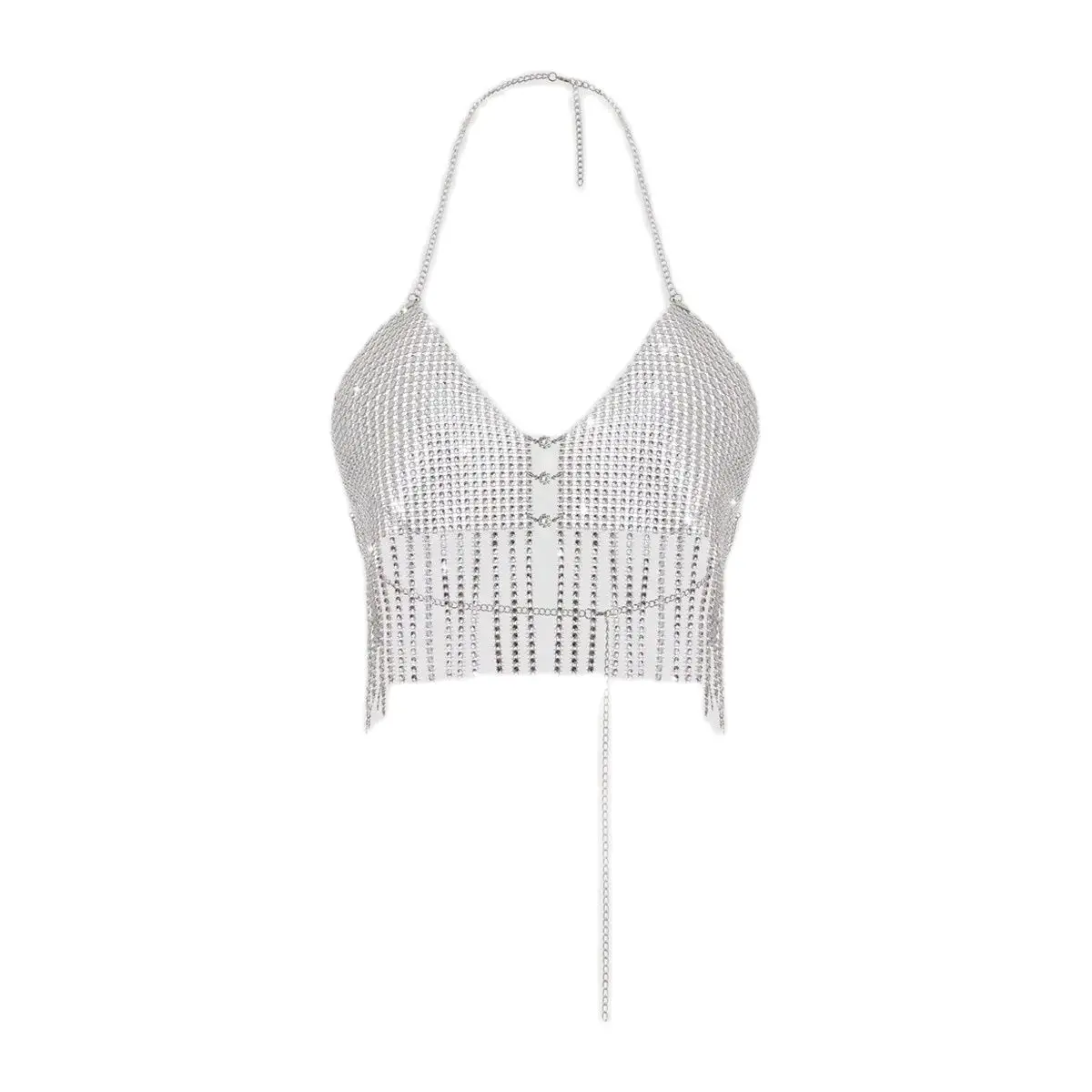 Shiny Diamond Crop Top Women Fashion Hanging Neck Sleeveless Tank Top Trendy Metal Crystal Jewelry Cheap Price Deals 2024 Summer