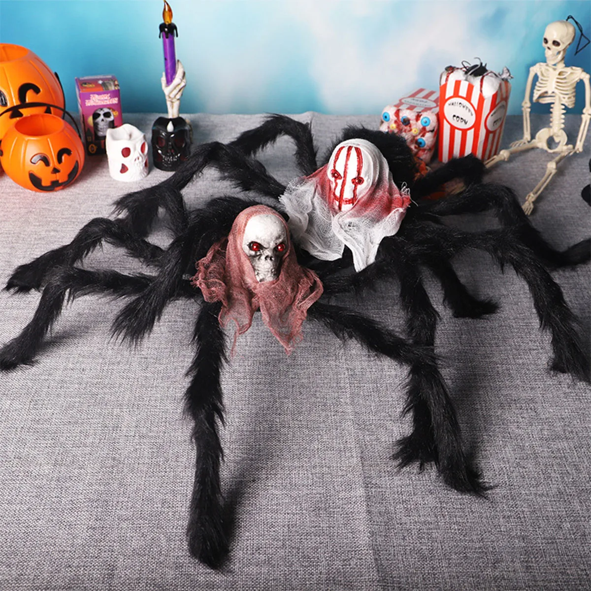 

Fake Spiders Halloween Spider Decorations with Skull Head Skeleton Spider Prop for Yard Porch Haunted House Party Scary