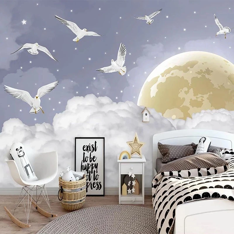 Customized Wallpaper Mural 3D Hand Painted Fantasy Purple Starry Sky Bird Children Living room sofa TV background wall bedroom
