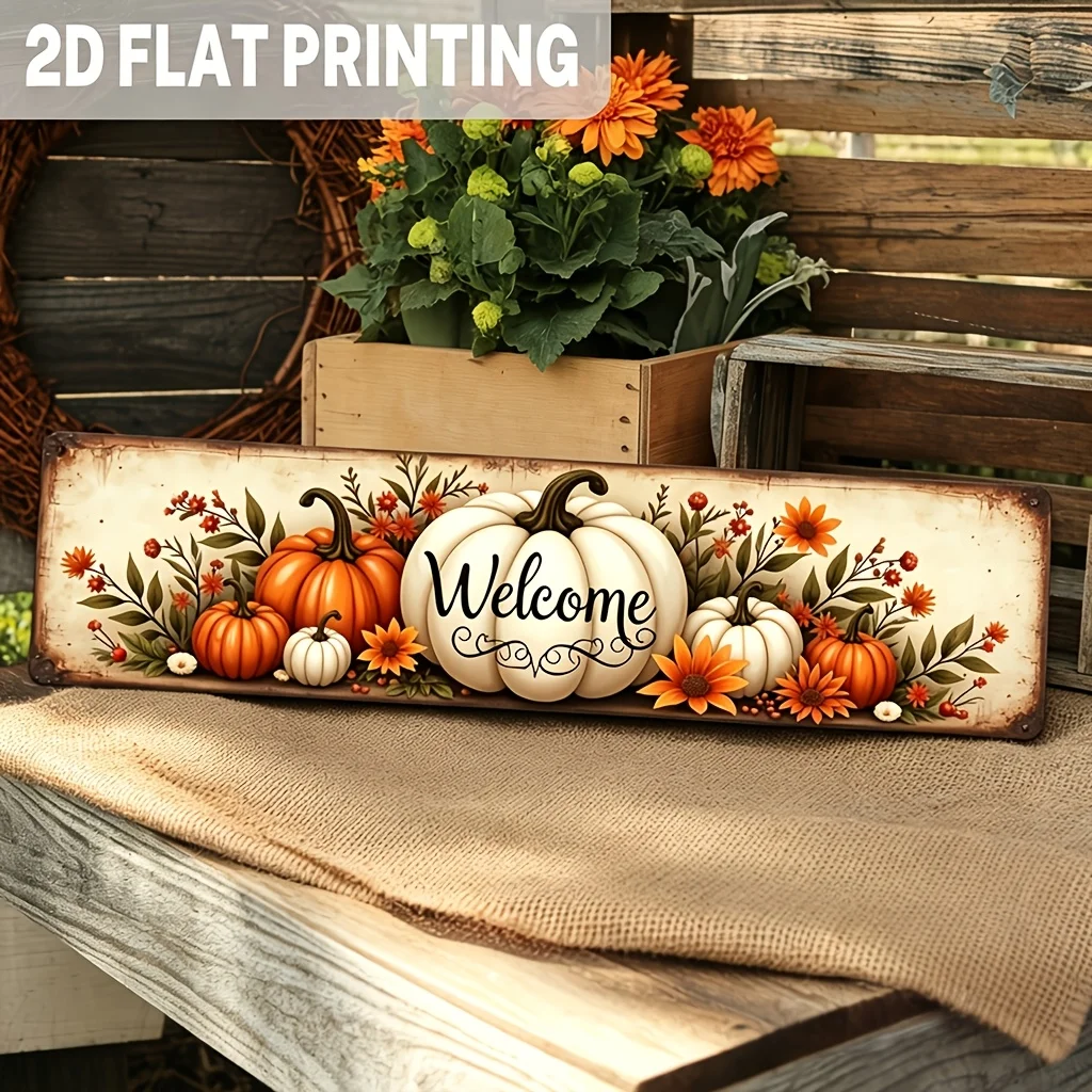 2D Flat, 1 Pc Pack, Rustic Style Welcome Metal Sign, Autumn Pumpkin Pattern Wall Hanging, Suitable for Halloween, Thanksgiving