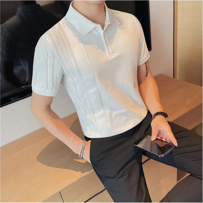 

Men's Solid Business Social Office Short-sleeved Polo Shirt 2023 Summer Patchwork Design Lapel Polos Men Casual Slim-fit Tee Top