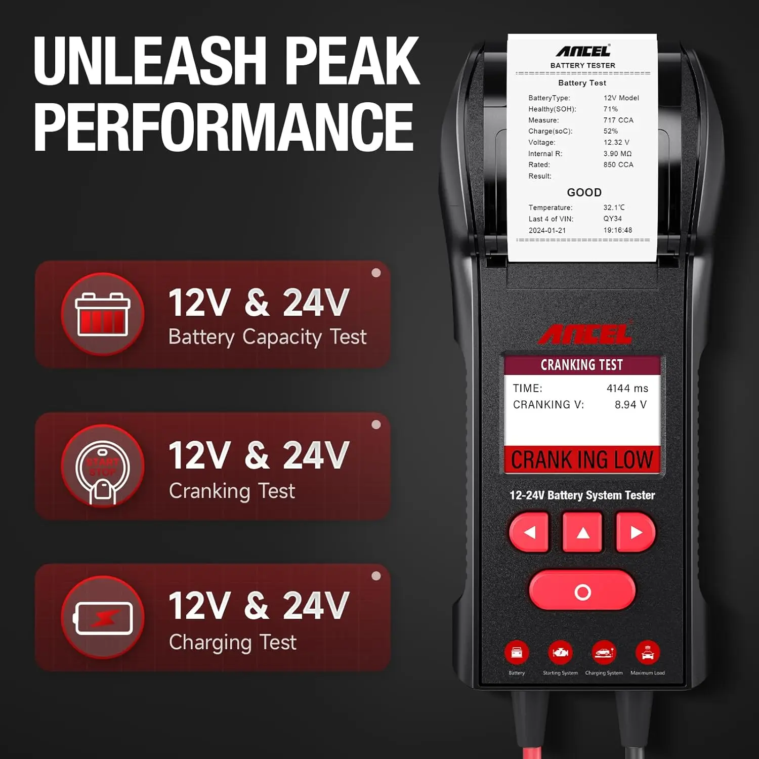 ANCEL BST600 Automotive Battery Tester with Printer 12V/24V 100-2000CCA Battery Temperature Load Cranking Charging System Tester