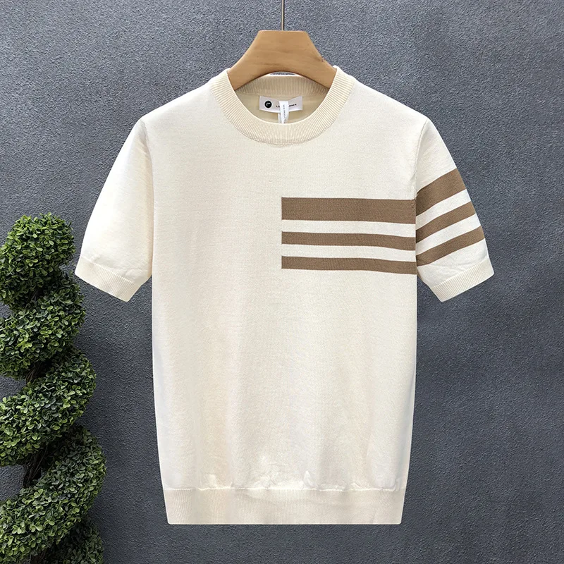 Summer New Short Sleeve Knitted Shirt Men, Striped Simple Business Style, Lightweight Silk-Shirt
