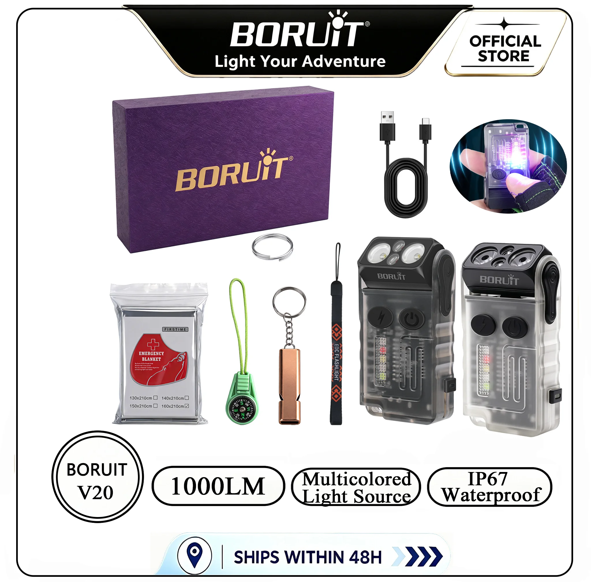 BORUiT V20 1000LM Flashlight Purple Gift Box Set Type‑C Rechargeable Waterproof Multi‑Mode Torch Outdoor Emergency Survival Kit