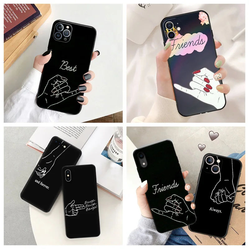 Soft Case for iphone 14 15 Pro Max 7 8 6 6S Plus SE 13 12 11 XS X XR Mini Best Friends Cartoon Line Art Black Phone Cases Cover