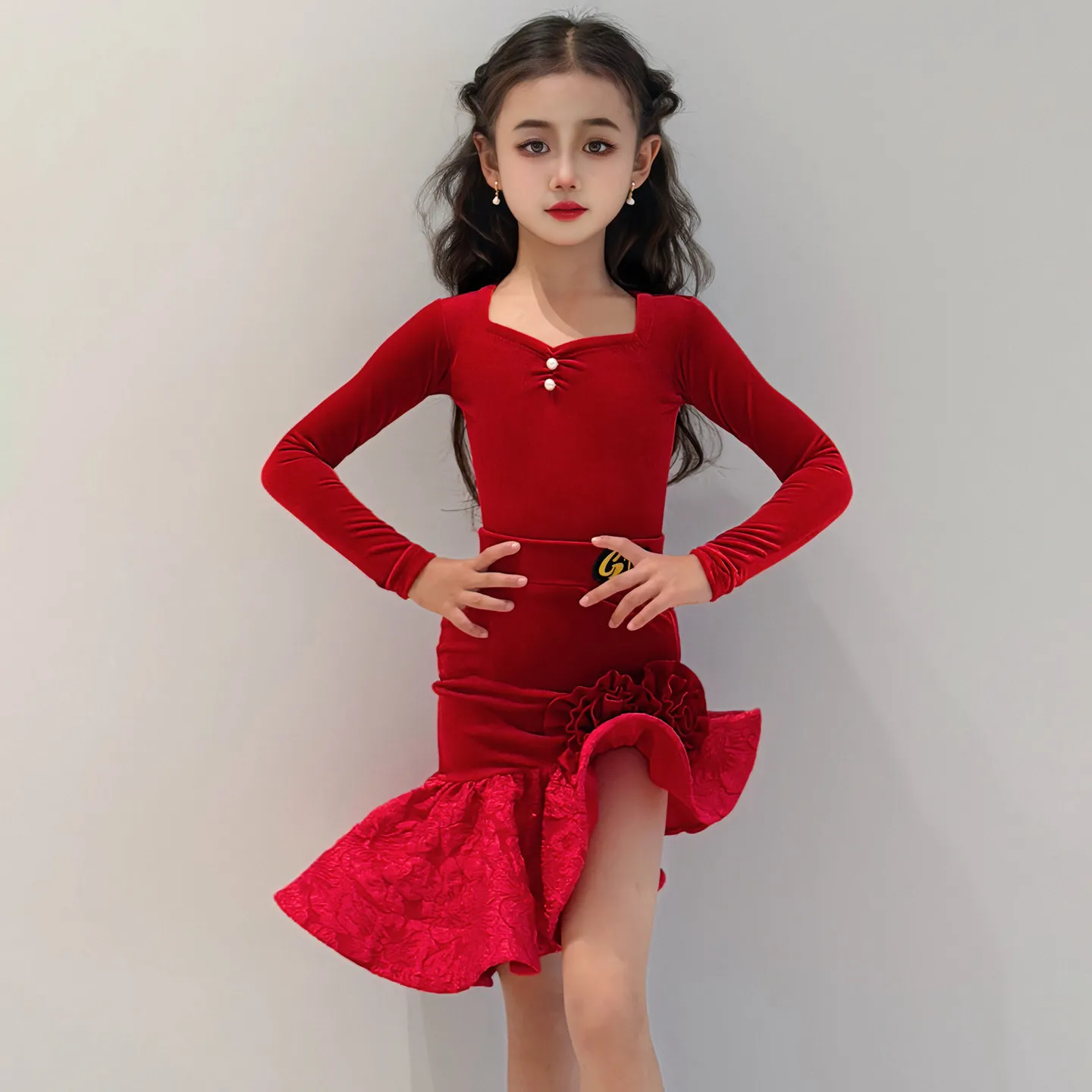 2026 Autumn Kids Girls Latin Dance Costume Jumpsuit Ruffle Skirts Performance Training Outfit Standard Professional Clothes