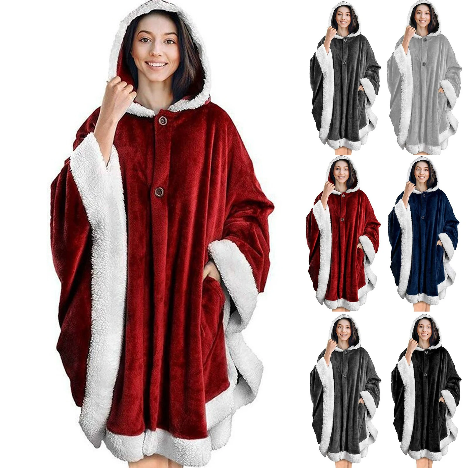 

Ladies' Fall and Winter Thicken Button Down Cardigan Robe Fashionable Solid Warm Hooded Loose Home Clothing