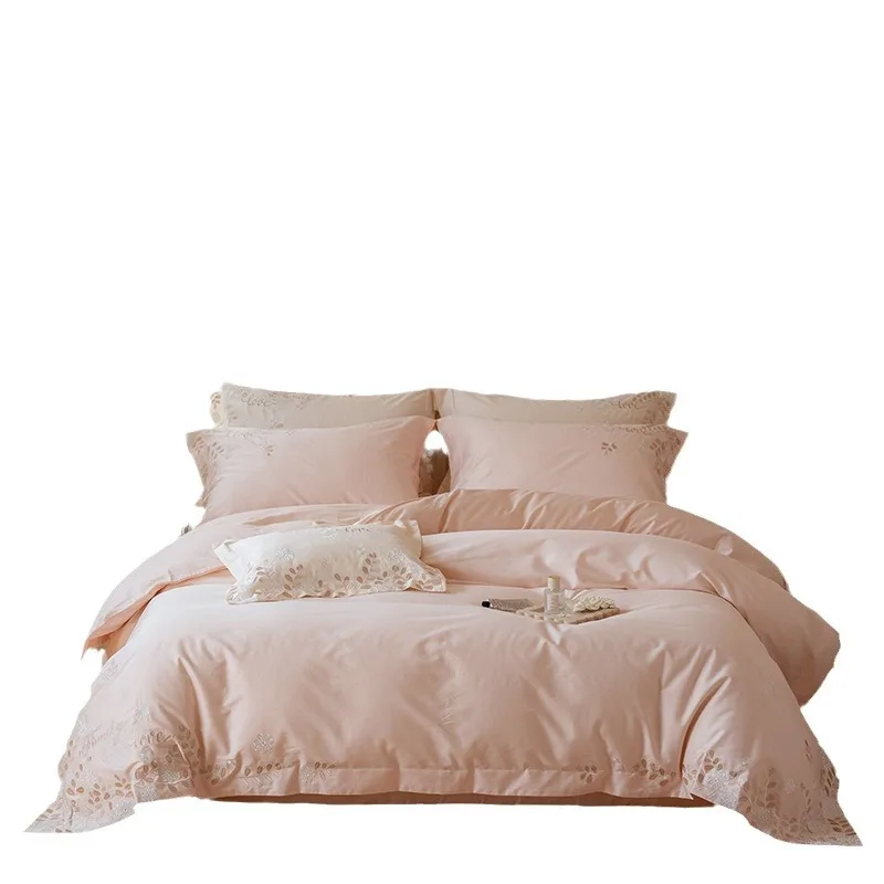 Light luxury 100 pcs satin long-staple cotton cotton four-piece set embroidery light luxury pure cotton bed quilt cover