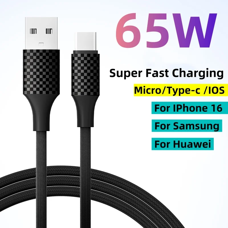 

PD 65 Вт 5 А USB-кабель для сверхбыстрой зарядки Type-c для iPhone 16 15 14 Xiaomi Huawei Samsung Кабель для быстрой зарядки Кабель Micro USB