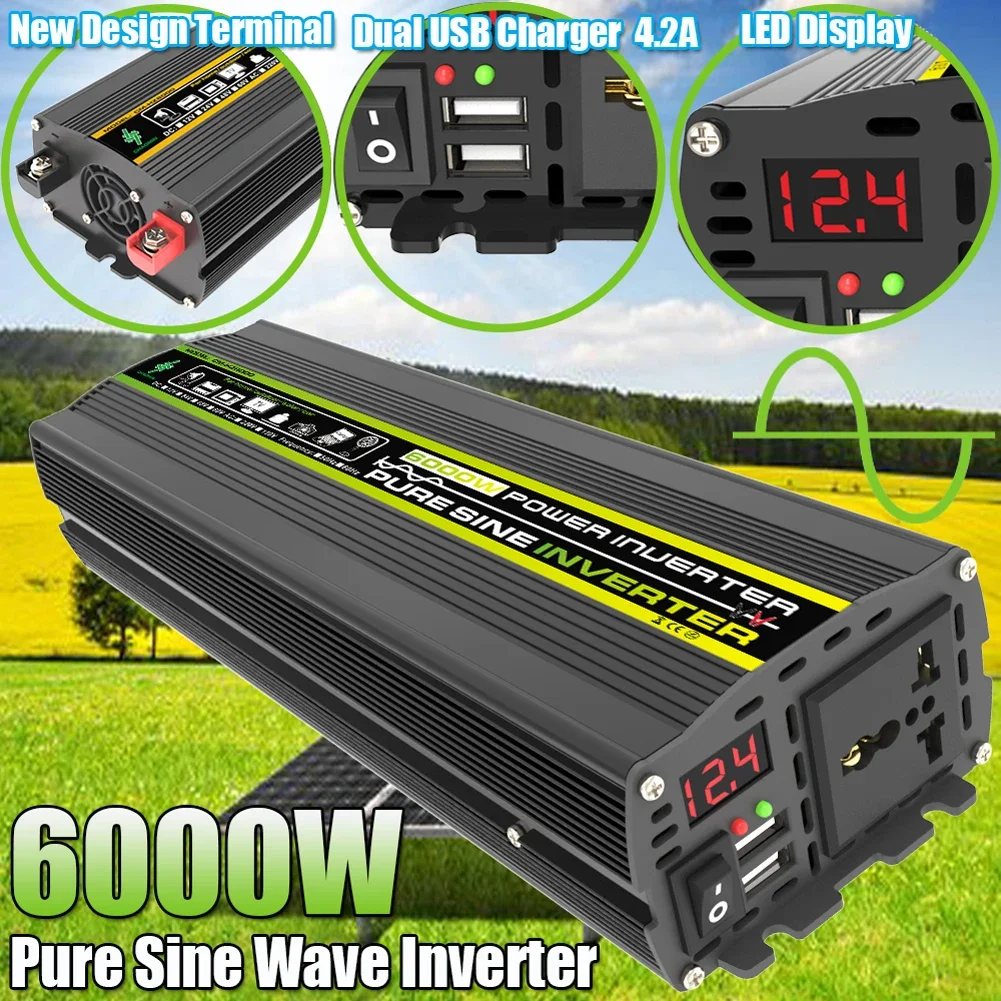 Dual USB LED Display Pure Sine Wave Intelligent Power Inverter DC 12V To AC 220V 3000/4000/6000/8000W Power Bank Car Convert