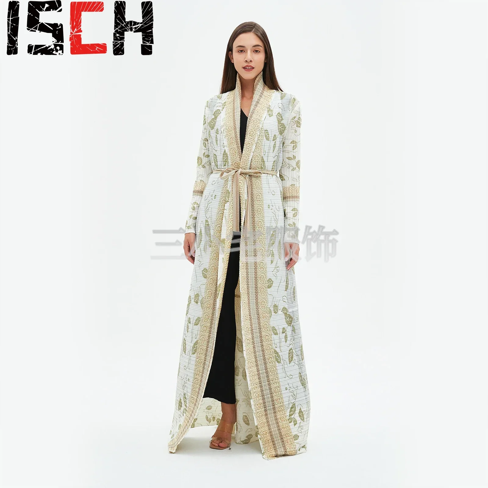 Robe imprimée plissée à manches longues pour femme, coupe-vent, abayas de créateur originales, col rabattu, combinaison ceinturée, hiver, nouveau, 2024